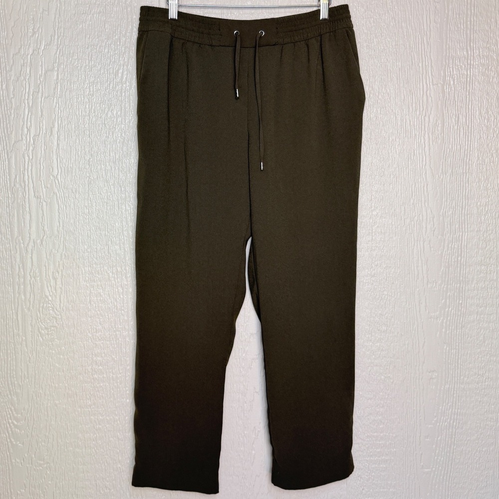 HM Dark Olive Green Drawstring Waist Crepe Trousers Pants Womens 12